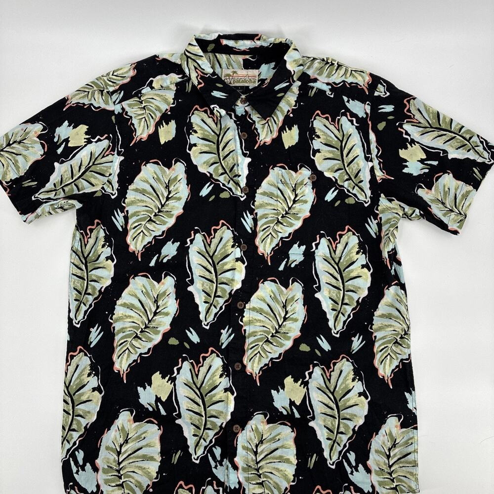 Patagonia Malihini Pataloha Shirt Men Large Black Ink Hawaiian Floral Leaf Kalo